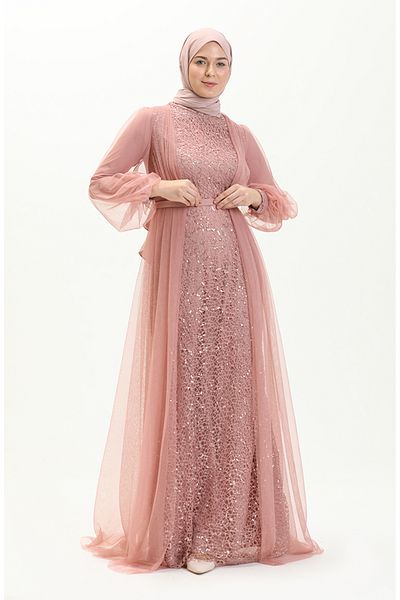 sefamerve Powder Sequin Belted Evening Dress - 5383-22