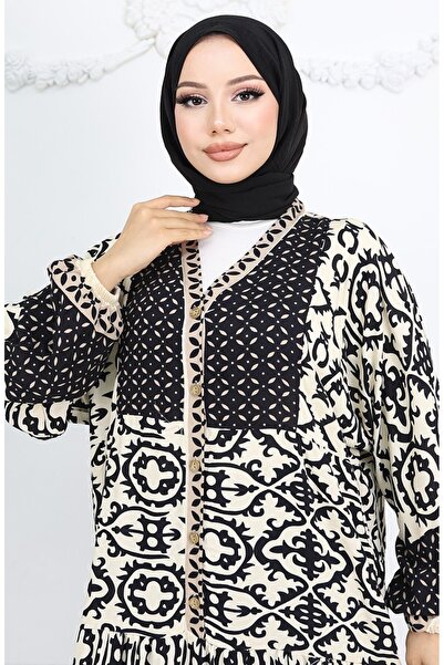 sefamerve Viskon Kumaş Belden Düğmeli Desenli Elbise 0044-01 Siyah Bej