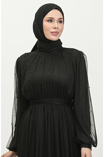 sefamerve İncili Tül Abiye Elbise 6233-03 Siyah