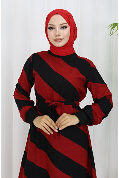 sefamerve Geometrik Desenli Kuşaklı Viskon Elbise 0460-08 Bordo Siyah