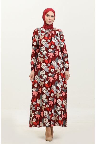 sefamerve Φόρεμα βισκόζης με μπορντό σχέδιο Plus Size - 44851G-01