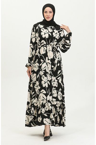 sefamerve Φόρεμα Viscose Black Green Floral Print - 5007-04