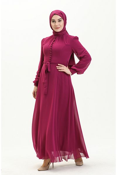 sefamerve Chiffon-Abendkleid mit Knopfdetail 5695-13 Lila