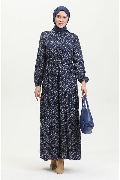 sefamerve Navy Blue Viscose Μικρό Floral Φόρεμα - 0391-01