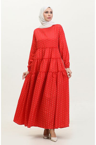 sefamerve Red Layered Dress - Pinch Pattern, Model 0371-02