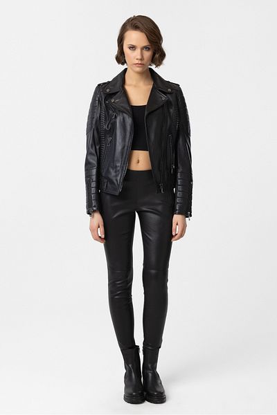 Deriderim Black Laney Biker Biker Women's Zippered Lined Stitched Epaulets Short Genuine Leather Coat