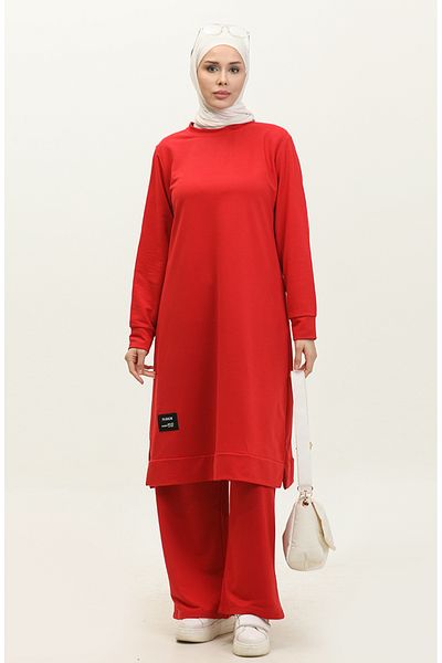 sefamerve Red Two-String Tunic and Trousers Set - 0044-18