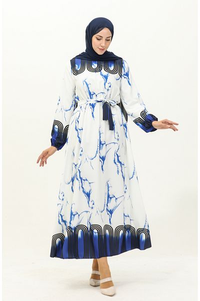 sefamerve Saks White Digital Printed Waist Gathered φόρεμα - 1115-02