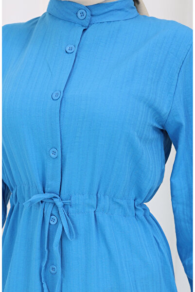sefamerve Boydan Düğmeli Etek Ucu Büzgülü Elbise 0351-02 Mavi