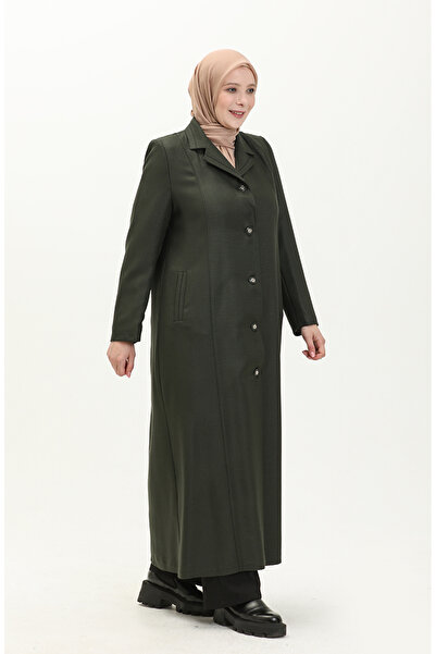 sefamerve Büyük Beden Boydan Düğmeli Astarlı Pardesü 0422-06 Haki