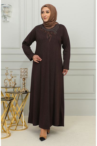 sefamerve Φόρεμα Viscose Plus Size με Λεπτομέρεια Κεντήματος - 4879-04 Καφέ