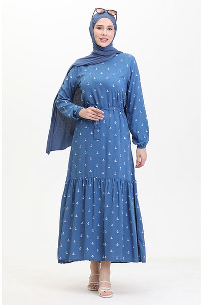 sefamerve Φόρεμα Indigo Belted Anchor Print - 0461-02