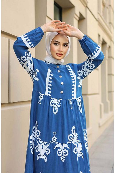 sefamerve Indigo Tile Patterned Dress - 4100-03