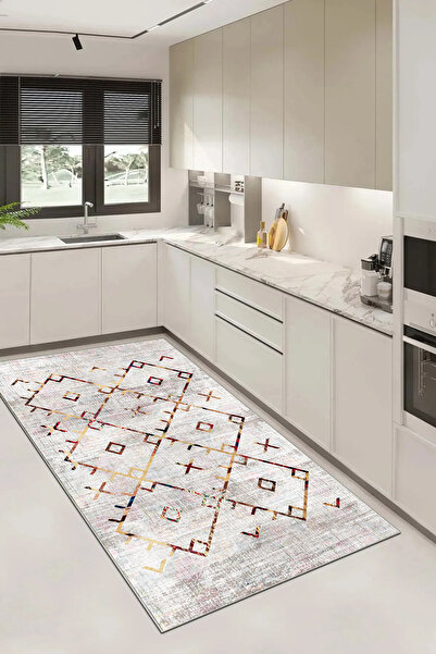 Hülya Home Mutfak Halısı Geometrik İskandinav Eskitmeli Dijital Baskı Yıkanab...