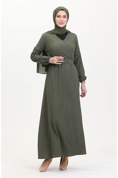 sefamerve Seitlich gebundenes Kleid aus Stoff 1033-01 Khaki