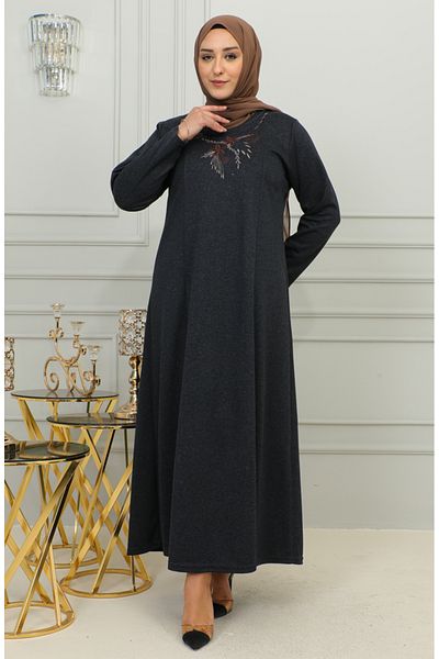 sefamerve Πλεκτό φόρεμα Navy Blue Embroidered Plus Size - 4878-02