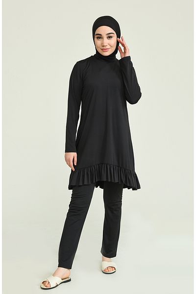 sefamerve Schwarzer Hijab-Badeanzug mit Rüschensaum in Übergröße – 2218-01