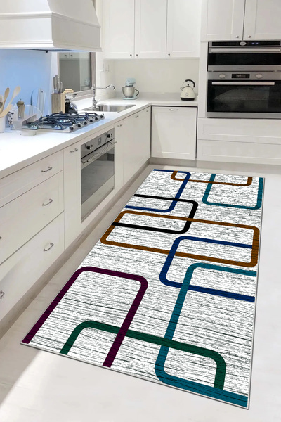 Hülya Home Mutfak Halısı Geometrik İskandinav Eskitmeli Dijital Baskı Yıkanab...