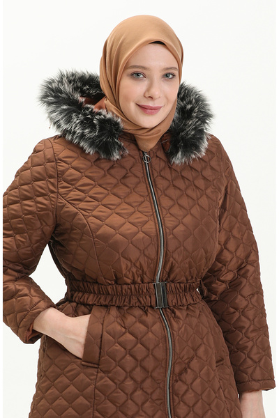 sefamerve Tan 6047-06 Large Size Fur Quilted Coat