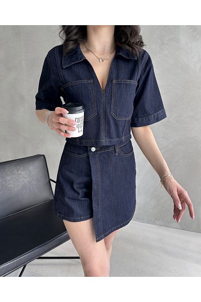 Fav Style Women's Short Sleeve Polo Neck Crop Blouse and Shorts Skirt Denim Bottom-Top Suit Navy Blue
