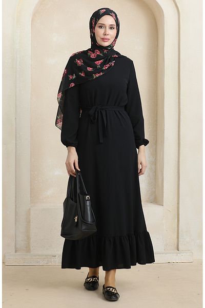 sefamerve Black Belted Elastic Sleeve Dress - 1015-06