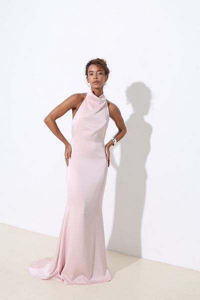 Mozto Halley Halter Neck Maxi Powder / Pink Satin Dress