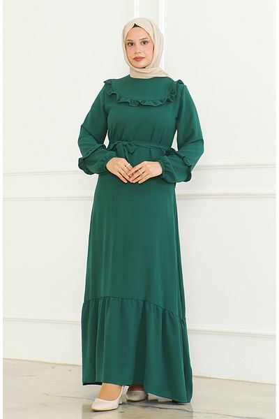 sefamerve Emerald Green Aerobin φόρεμα - με βολάν και φύλλο 0478-01