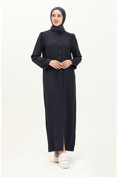 sefamerve Φόρεμα Navy Blue Viscose - Μανίκι με κορδόνι και κουμπιά 5109-03