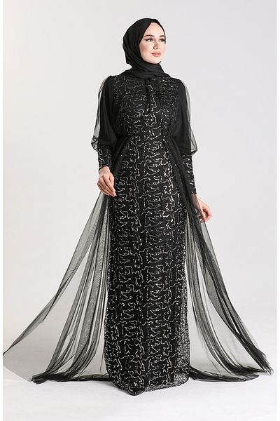 sefamerve Black Sequined Evening Dress - Silver 5346-11