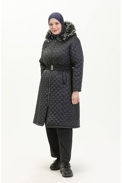 sefamerve Παλτό Navy Blue Fur Quilted Plus Size - 6047-02