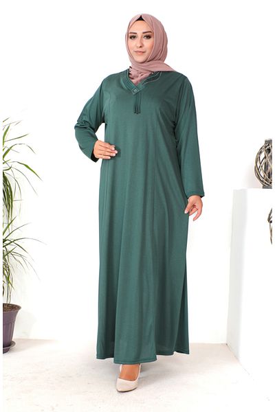 sefamerve Stone Printed Plus Size Χτενισμένο Βαμβακερό Φόρεμα - 4932-05 Σκούρο Πράσινο