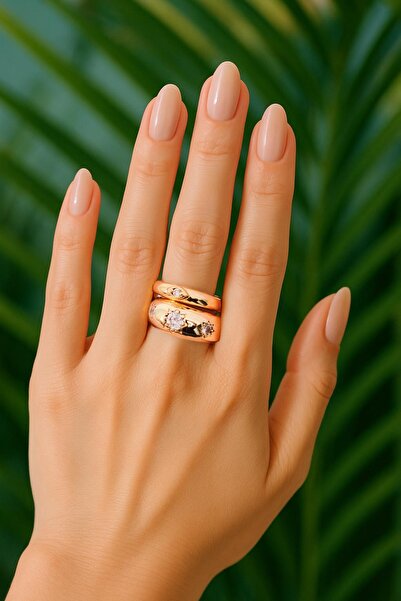 AURRARİ Gold 2'li Zirkon Taşı Bombeli Yüzük Seti