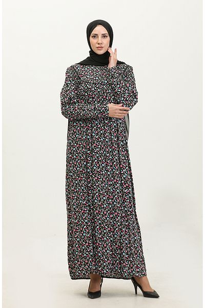 sefamerve Φόρεμα με μοτίβο Viscose Plus Size - Μαύρο Τυρκουάζ 4473-02