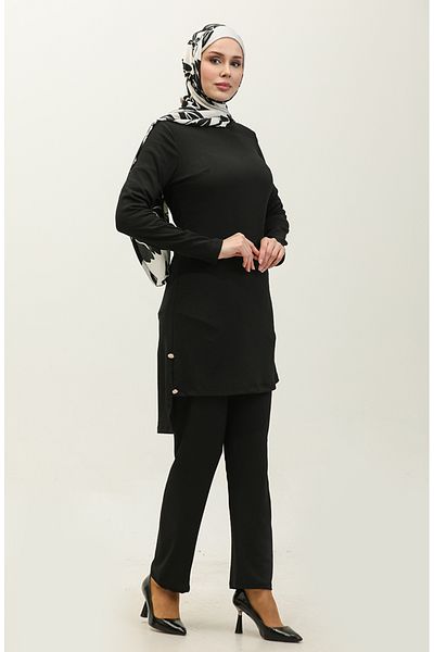 sefamerve Schwarzer Tunika- und Hosenanzug mit Knopfdetail 0101DA-04