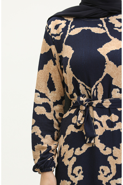 sefamerve Desenli Kuşaklı Viskon Elbise 0277-01 Lacivert