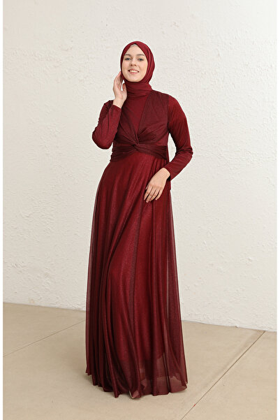 sefamerve Simli Abiye Elbise 5397-14 Vişne