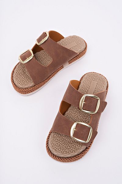 bakacstore Women's Tan Daily Double Buckle Comfortable Sole Straw Sandals Slippers