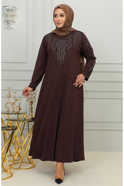 sefamerve Φόρεμα Viscose Plus Size με Λεπτομέρεια Κεντήματος - 4958-05 Καφέ
