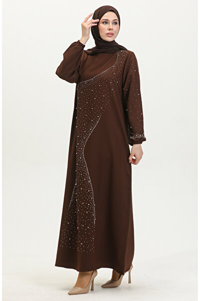 sefamerve Taş Baskılı Abiye Elbise 0407-04 Kahverengi