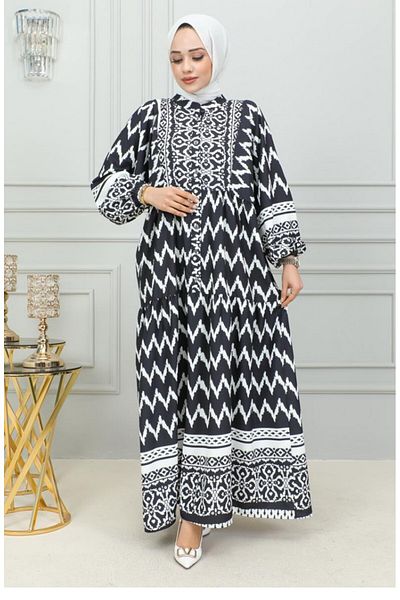sefamerve Μαύρο Φόρεμα Hijab - Digital Printed, Model 0300-03