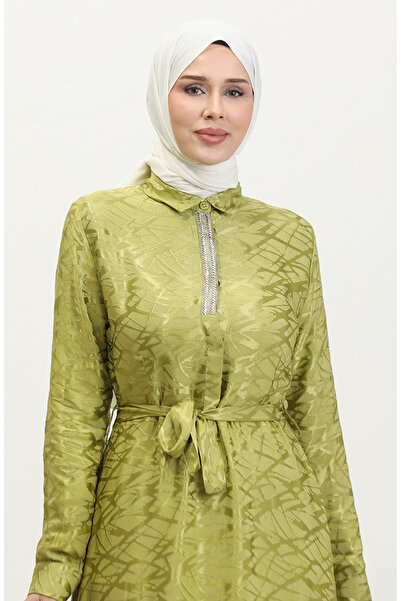 sefamerve Pistachio Green Shirt Collar Patterned Dress - 81854-05