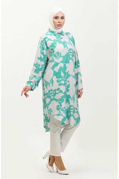 sefamerve Green Ecru Patterned Printed Tunic - 24Y9033-06