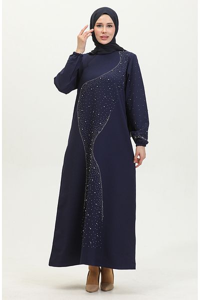 sefamerve Abendkleid mit Steindruck 0407-02 Marineblau