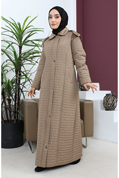 sefamerve Büyük Beden Baklava Desen Kapitone Mont 5062-04 Vizon