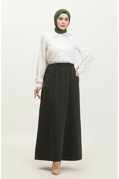 sefamerve Χακί Φούστα Plus Size 4208-06 - Λεπτομέρεια με κουμπιά