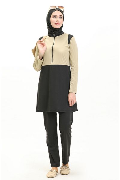 sefamerve Stone Black Hijab-Badeanzug mit Reißverschluss – 2317-02