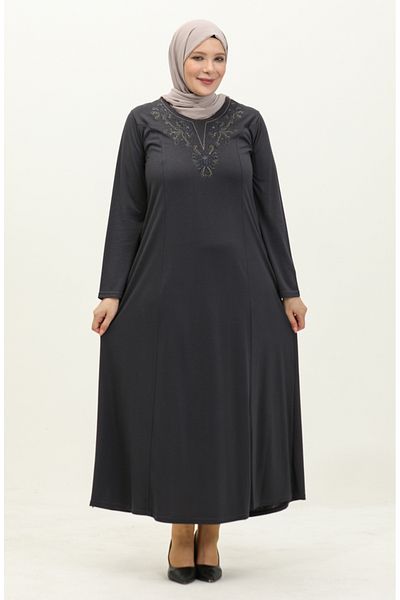 sefamerve Γκρι Κεντημένο Φόρεμα Plus Size - 4952-06