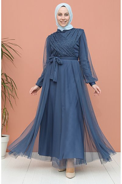 sefamerve Βραδινό φόρεμα Indigo Tulle - 81778-02 Pearls