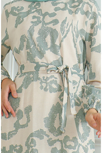 sefamerve Λινό Φόρεμα 0471D-01 - Μπεζ Πράσινο Πράσινο με στάμπα και φύλλα