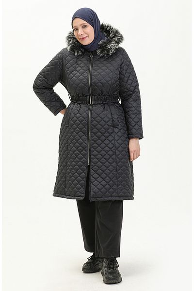 sefamerve Παλτό Navy Blue Fur Quilted Plus Size - 6047-02
